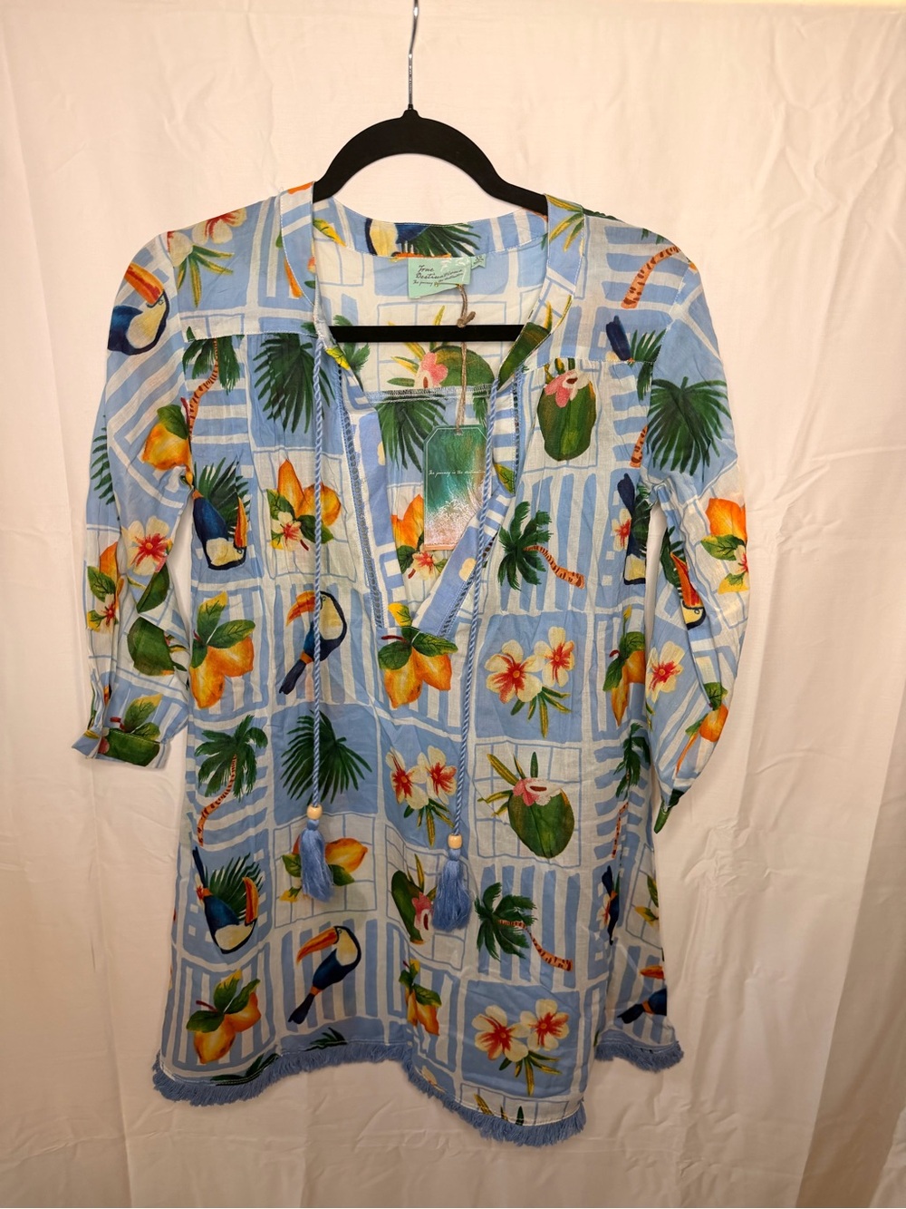 Tropical Light Blue V-Neck Tunic Coverup with Tassel Ties